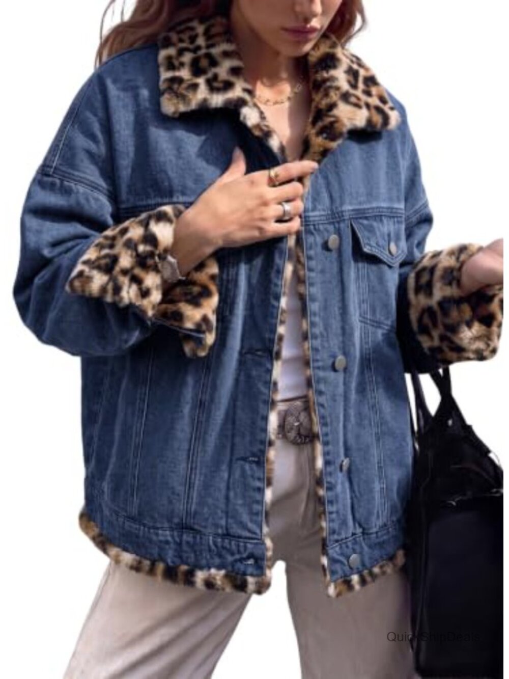 Reversible Sherpa Fleece Lined Oversized Denim Jacket Snap Button
